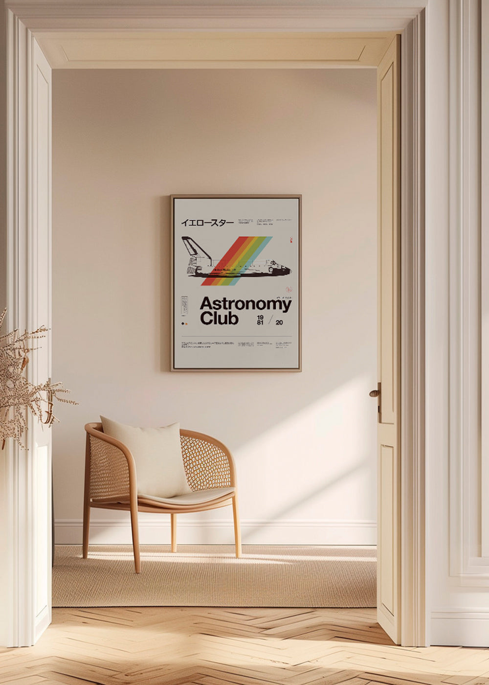 Plakat vintage z promem kosmicznym i pasami tęczy