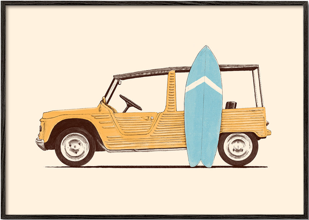 Wydruk vintage: samochód z deską surfingową
