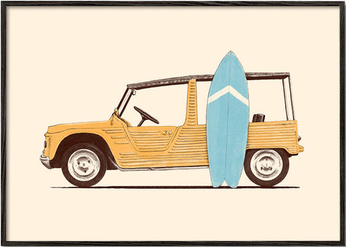 Wydruk vintage: samochód z deską surfingową