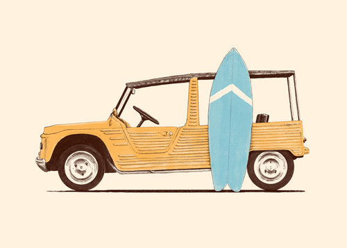 Wydruk vintage: samochód z deską surfingową