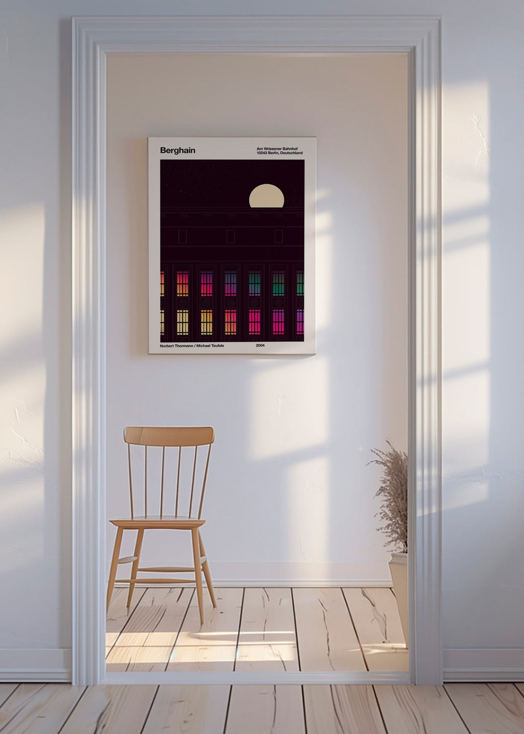 Plakat miasta z oświetloną fasadą