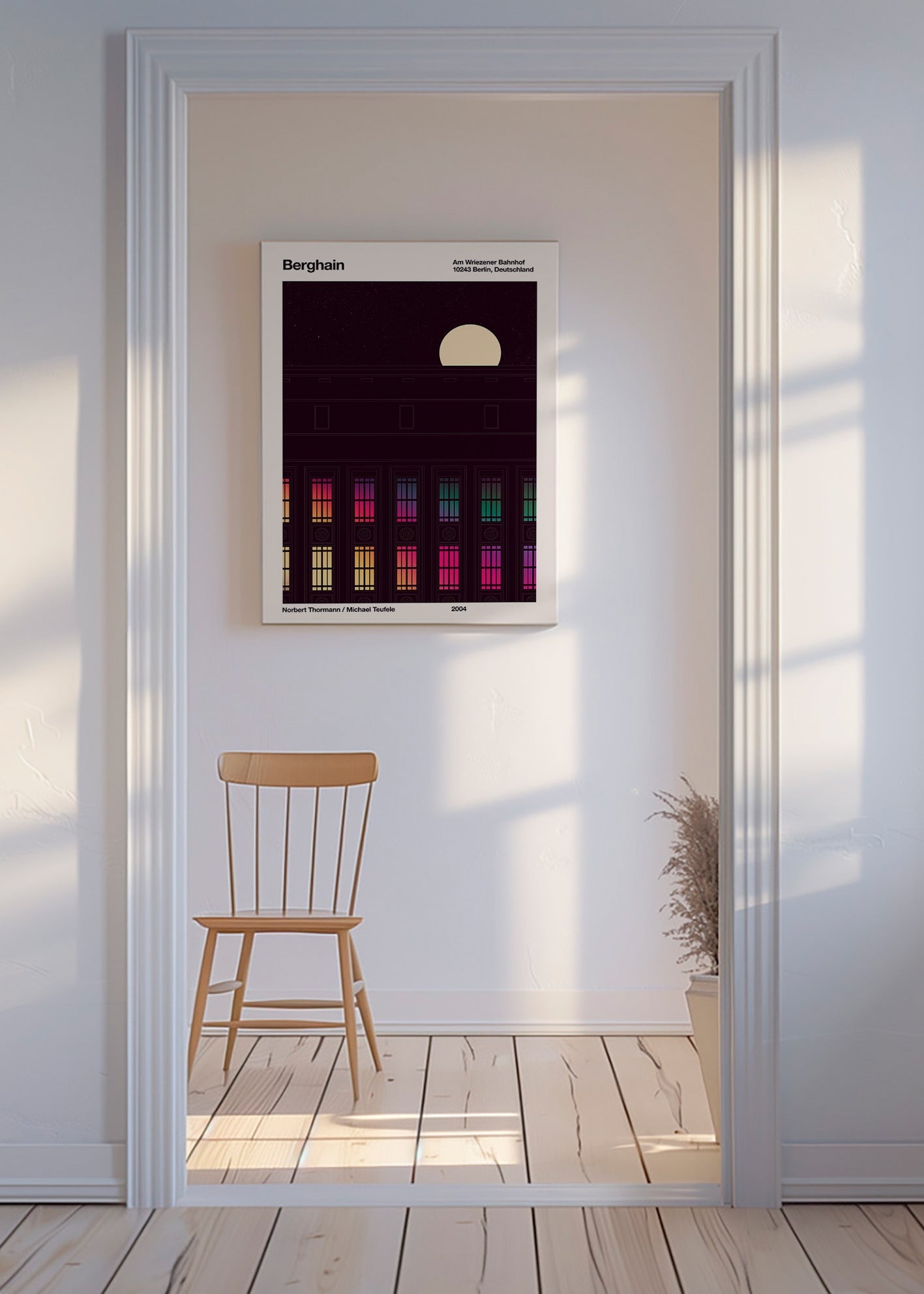 Plakat miasta z oświetloną fasadą