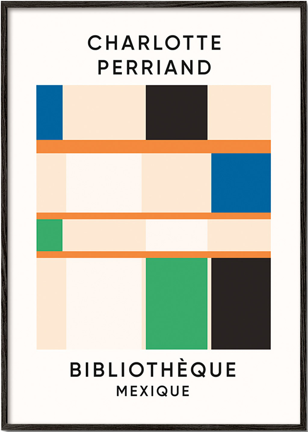Plakat geometryczny z blokami i typografią 'Bibliothèque'