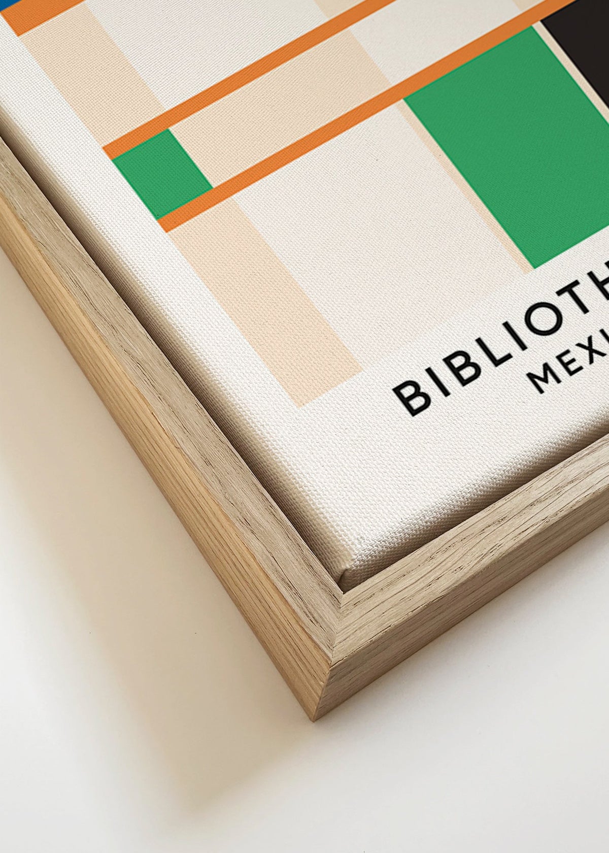 Plakat geometryczny z blokami i typografią 'Bibliothèque'