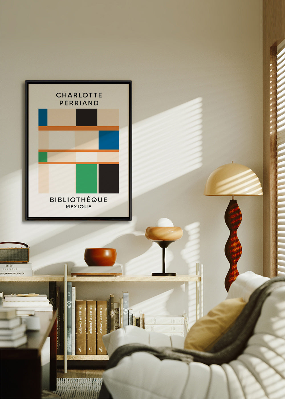 Plakat geometryczny z blokami i typografią 'Bibliothèque'