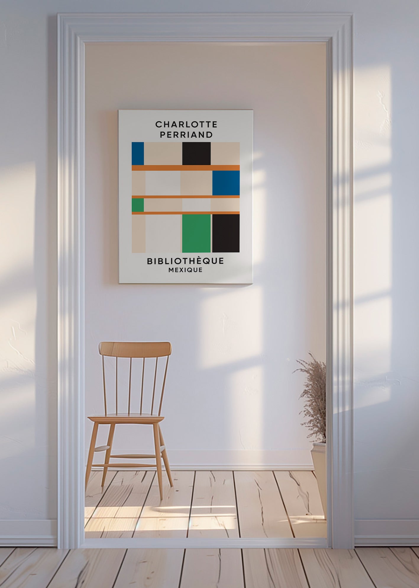 Plakat geometryczny z blokami i typografią 'Bibliothèque'