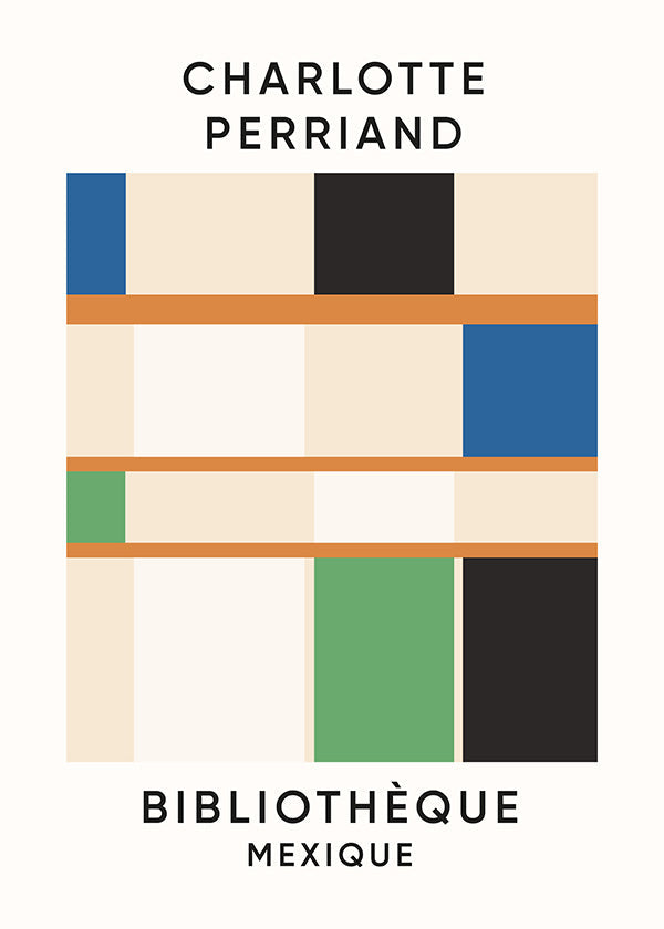 Plakat geometryczny z blokami i typografią 'Bibliothèque'