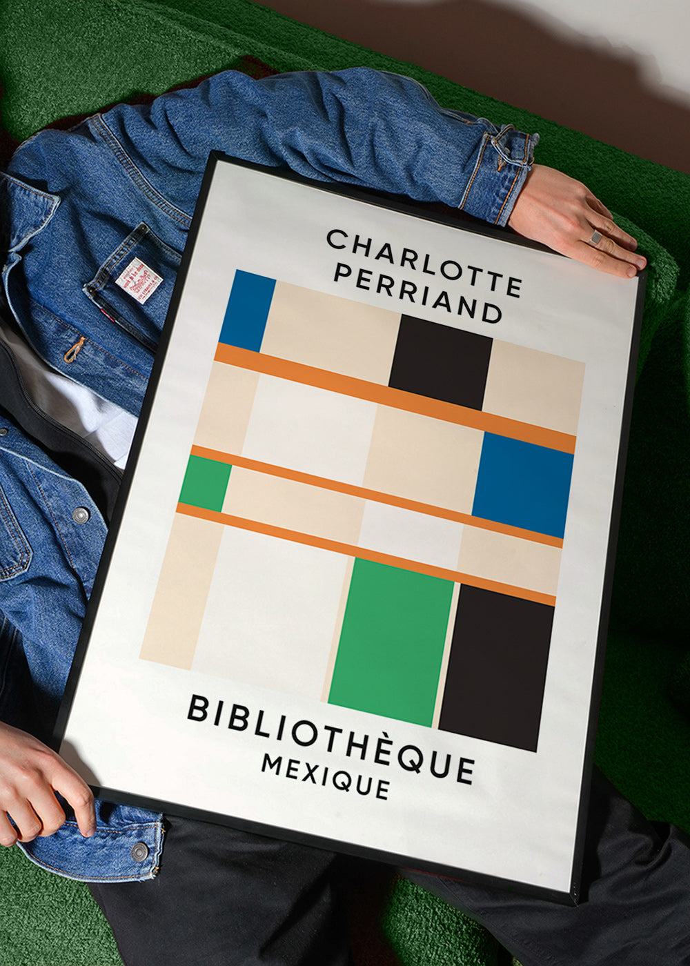 Plakat geometryczny z blokami i typografią 'Bibliothèque'