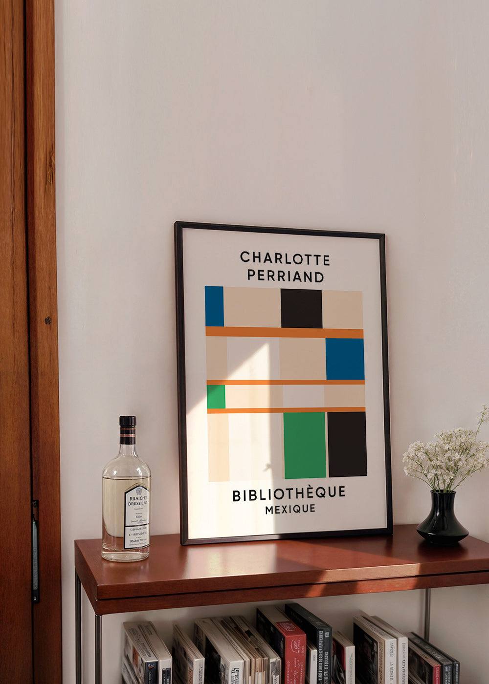 Plakat geometryczny z blokami i typografią 'Bibliothèque'