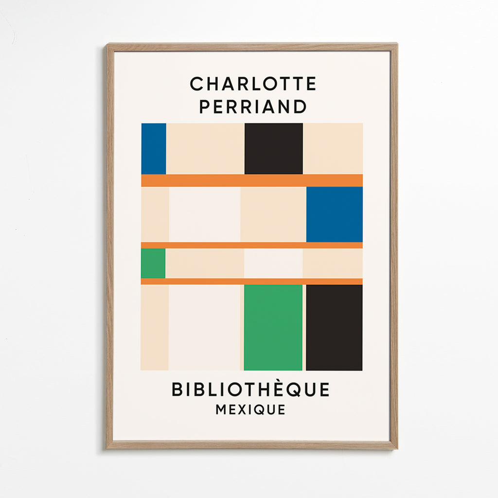 Plakat geometryczny z blokami i typografią 'Bibliothèque'