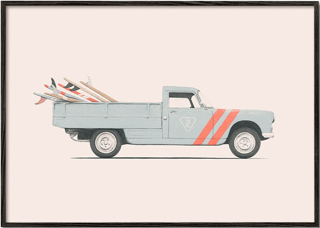 Plakat vintage pickup z deskami surfingowymi