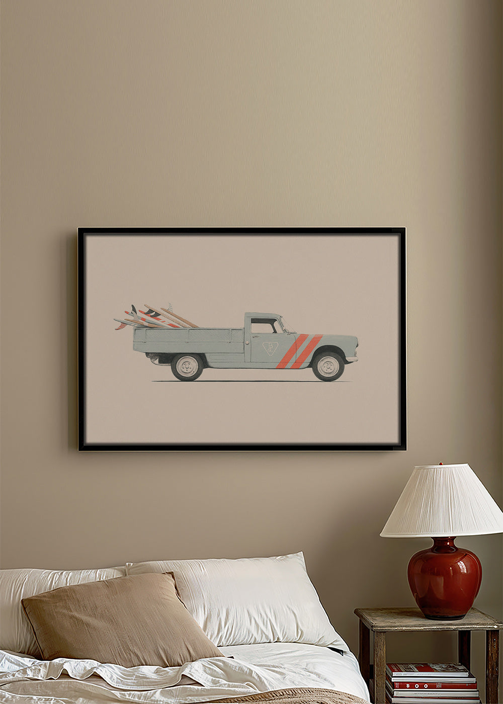 Plakat vintage pickup z deskami surfingowymi