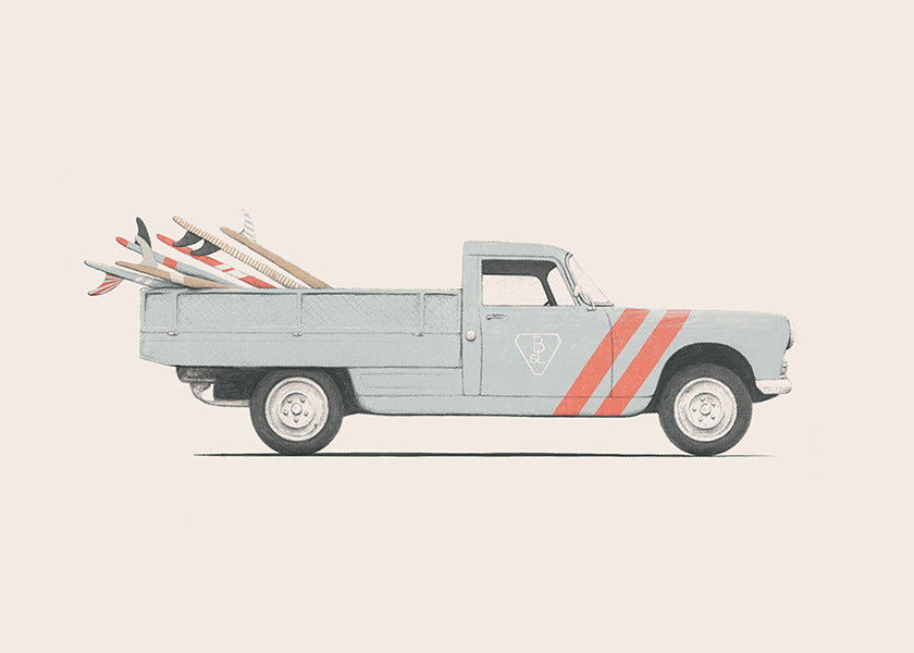 Plakat vintage pickup z deskami surfingowymi