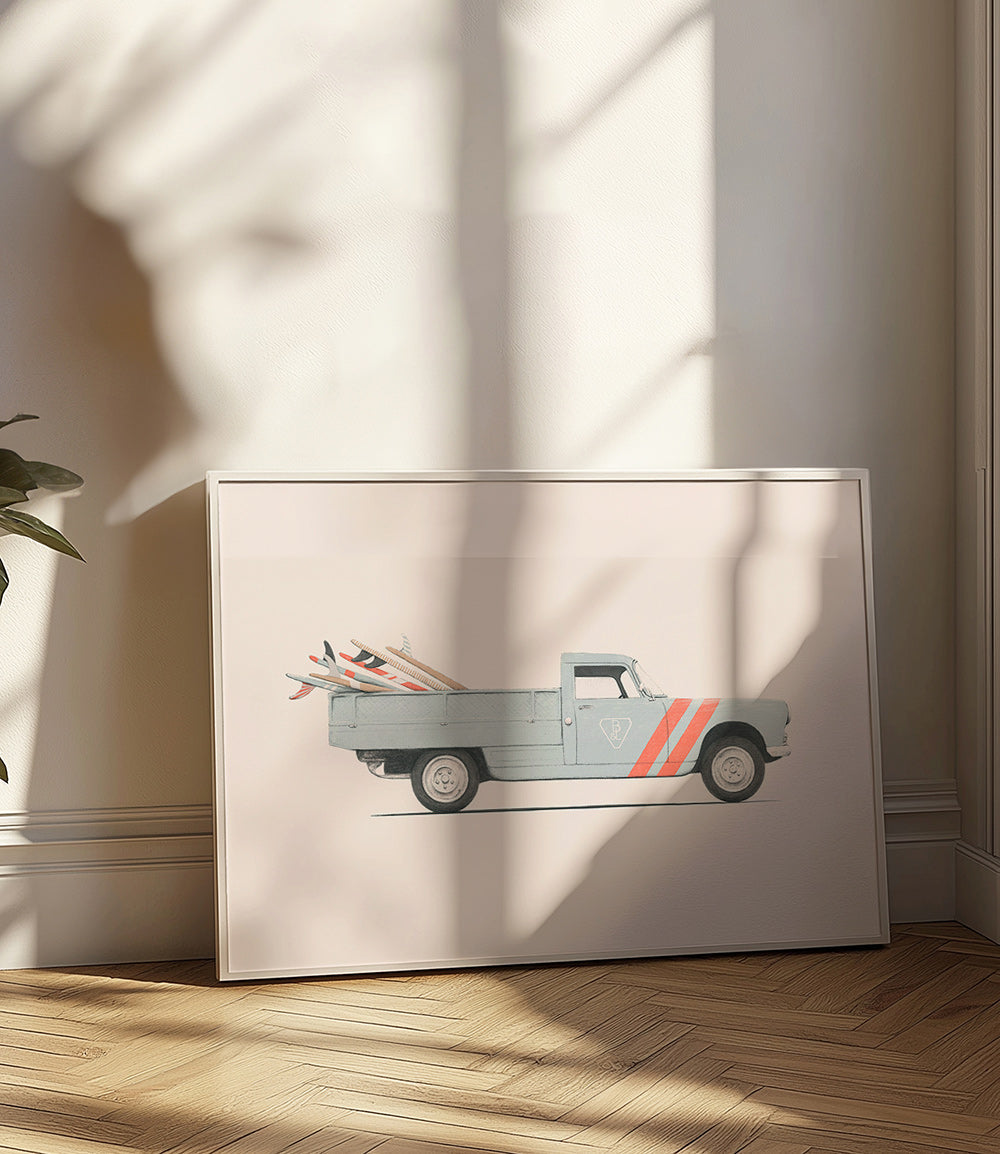 Plakat vintage pickup z deskami surfingowymi