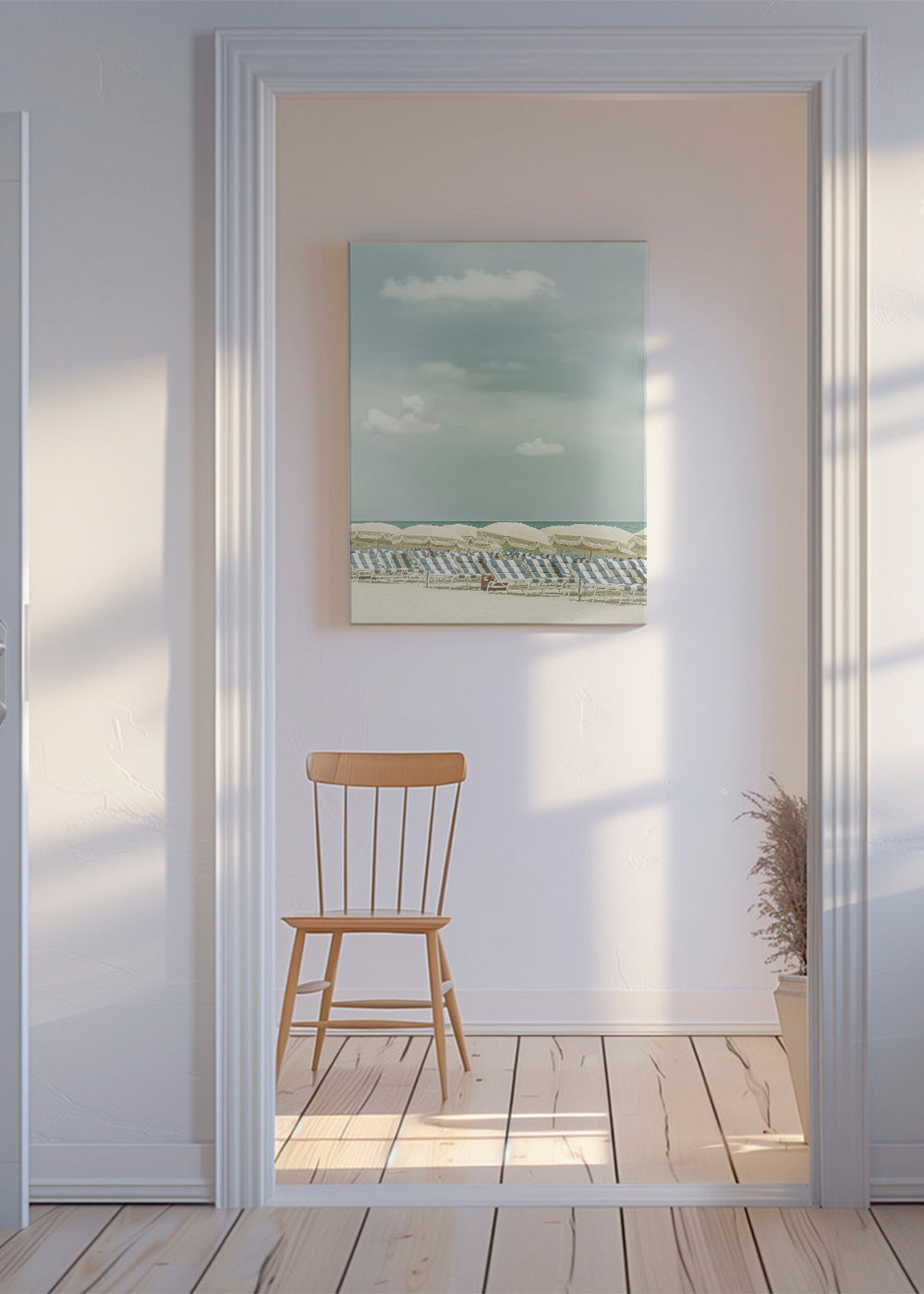 Plakat vintage plaża z parasolami i leżakami