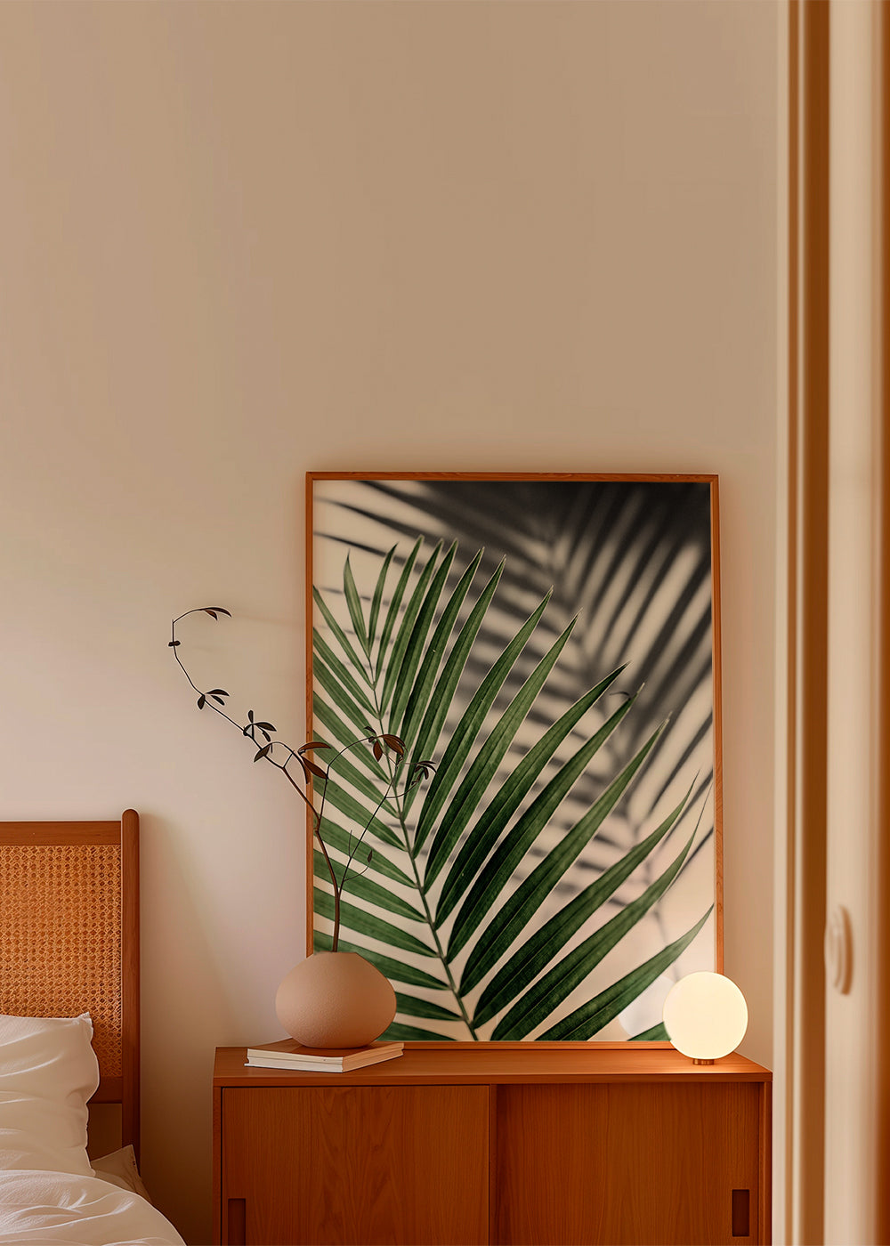 Plakat botaniczny z liściem palmy w zbliżeniu