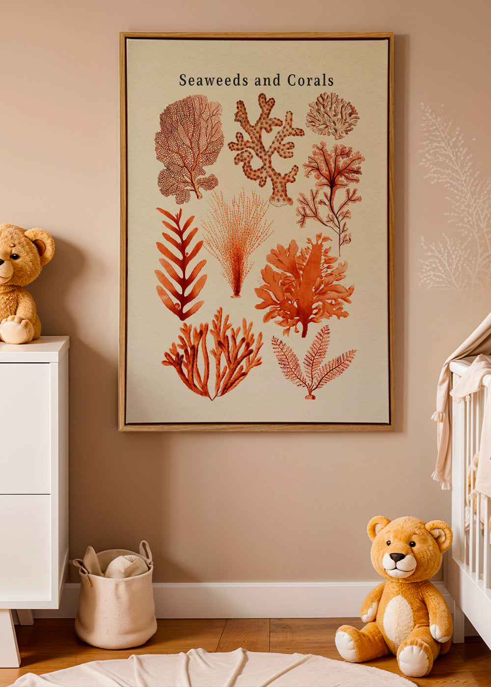 Plakat botaniczny: wodorosty i korale sepia