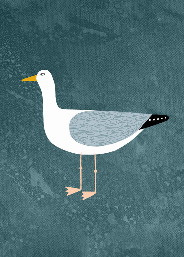 Ilustracja mewy na niebieskim tle