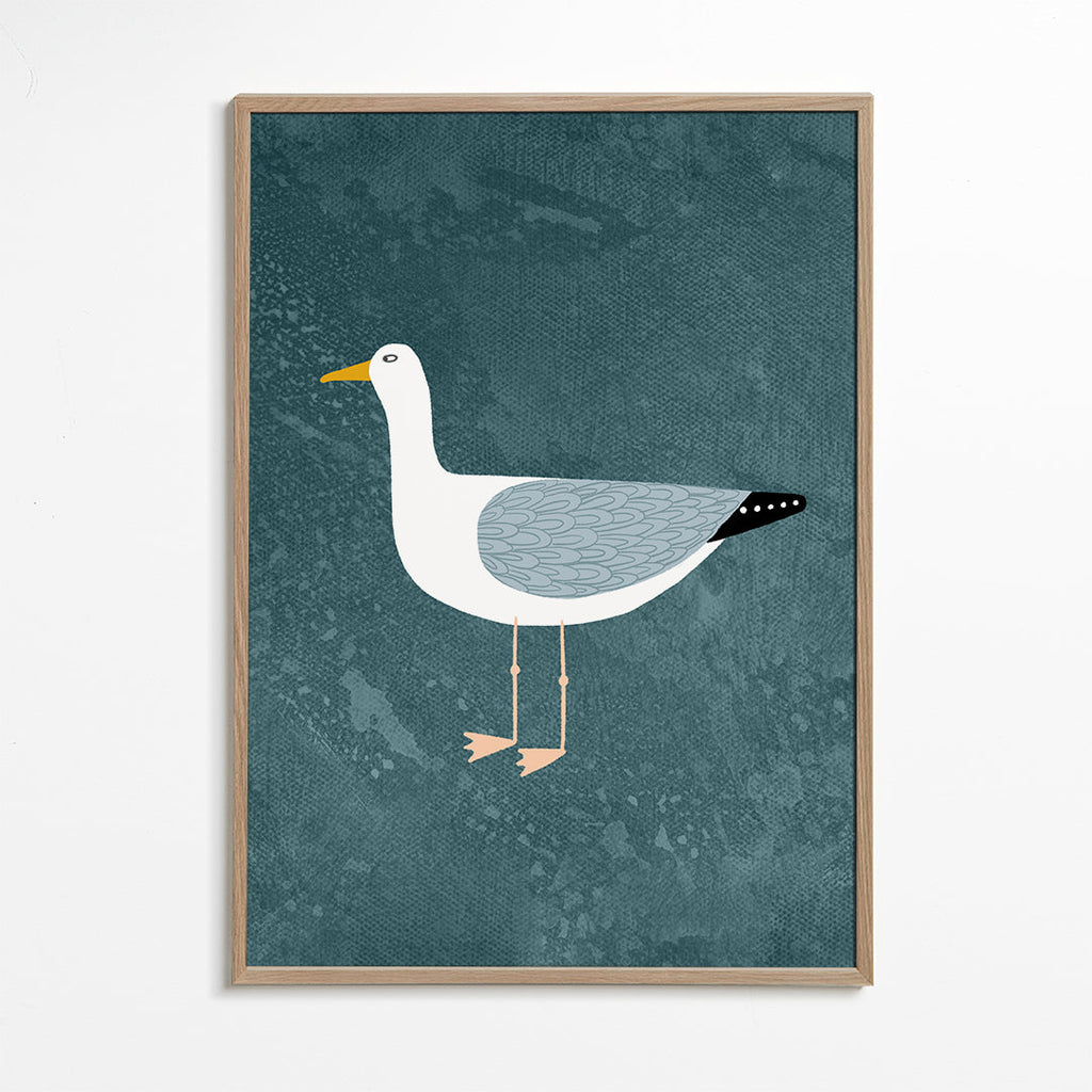 Ilustracja mewy na niebieskim tle