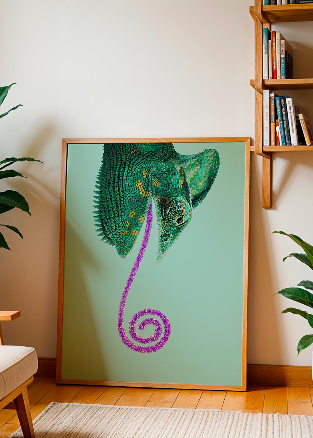 Obraz kameleon zielony z spiralnym językiem