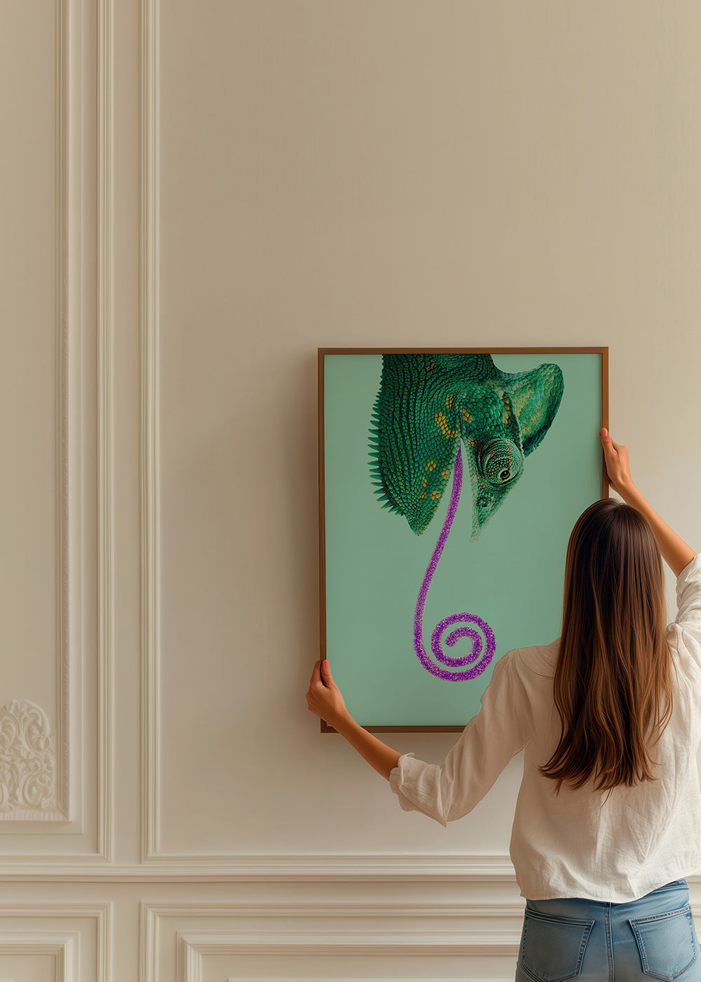Obraz kameleon zielony z spiralnym językiem