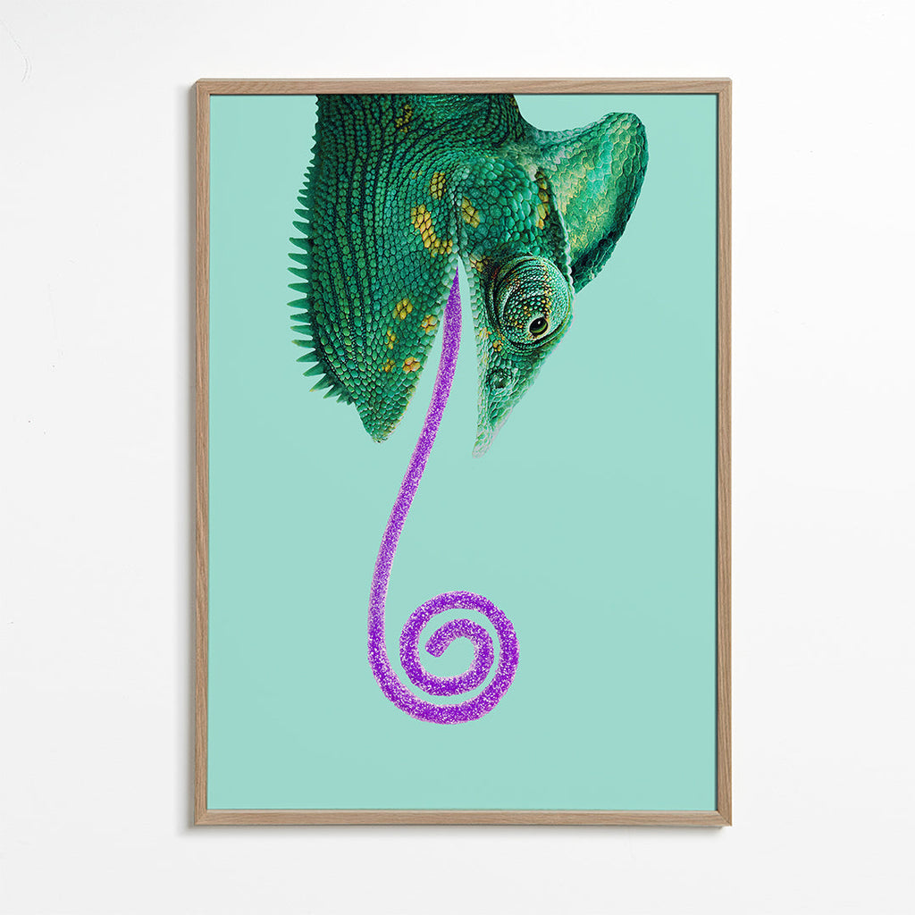 Obraz kameleon zielony z spiralnym językiem