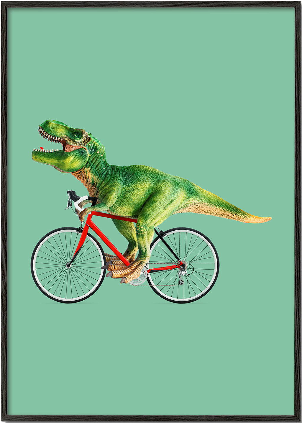 Plakat T-Rex na rowerze na zielonym tle