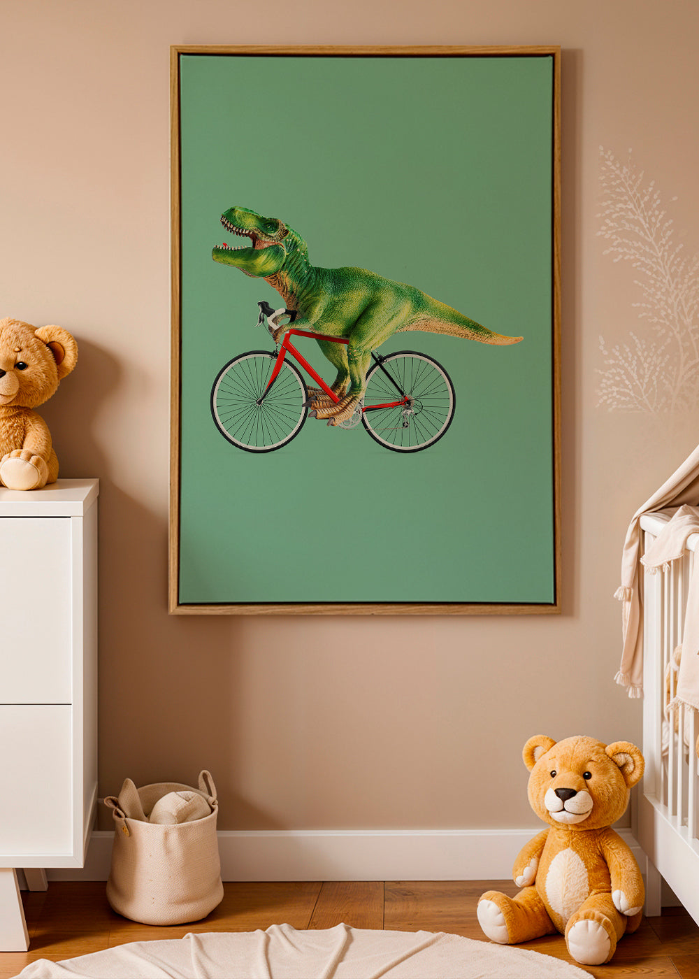 Plakat T-Rex na rowerze na zielonym tle