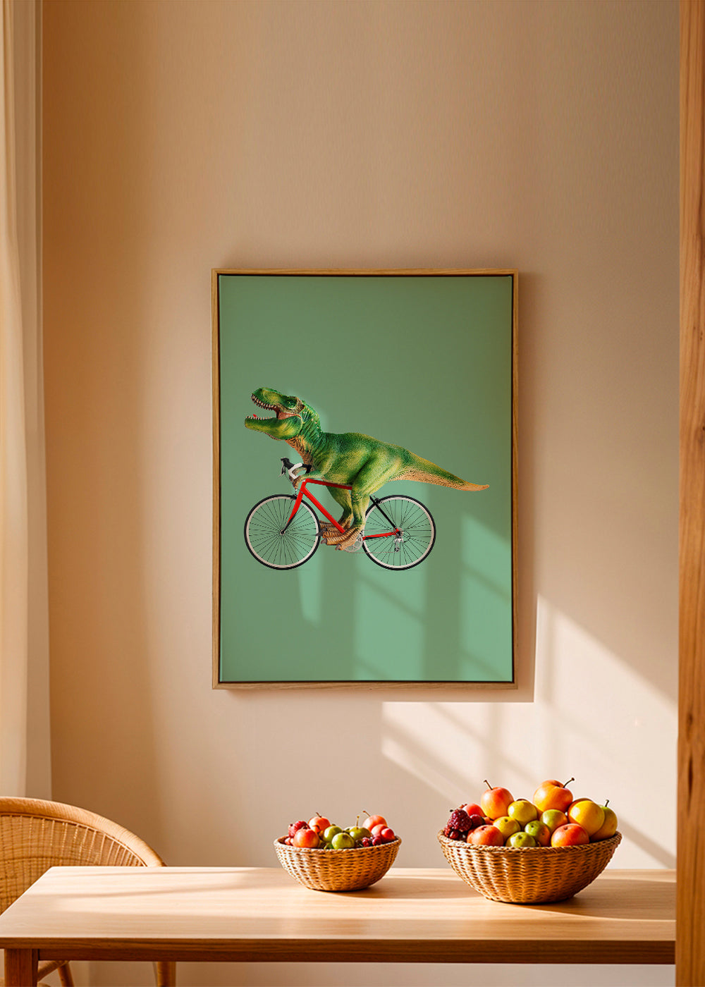 Plakat T-Rex na rowerze na zielonym tle