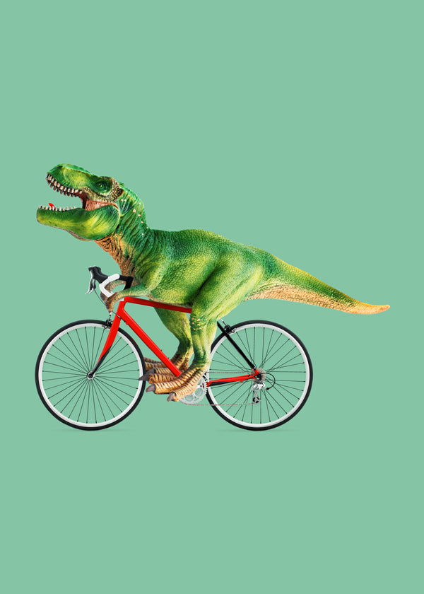 Plakat T-Rex na rowerze na zielonym tle
