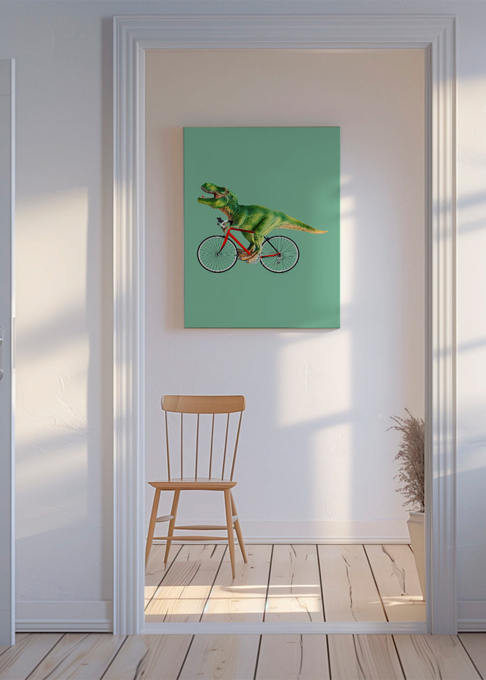 Plakat T-Rex na rowerze na zielonym tle