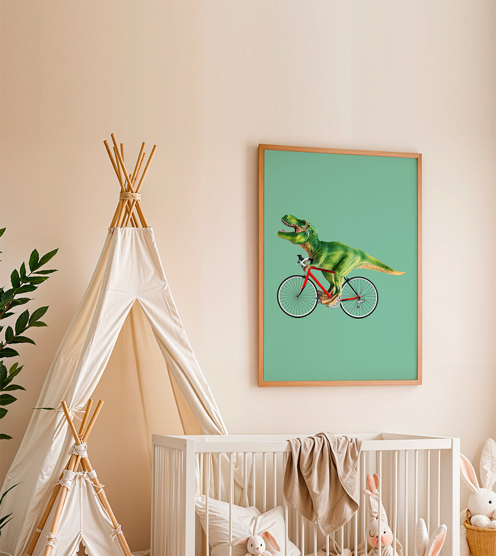 Plakat T-Rex na rowerze na zielonym tle