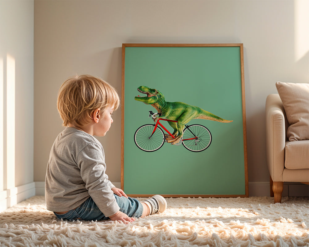 Plakat T-Rex na rowerze na zielonym tle