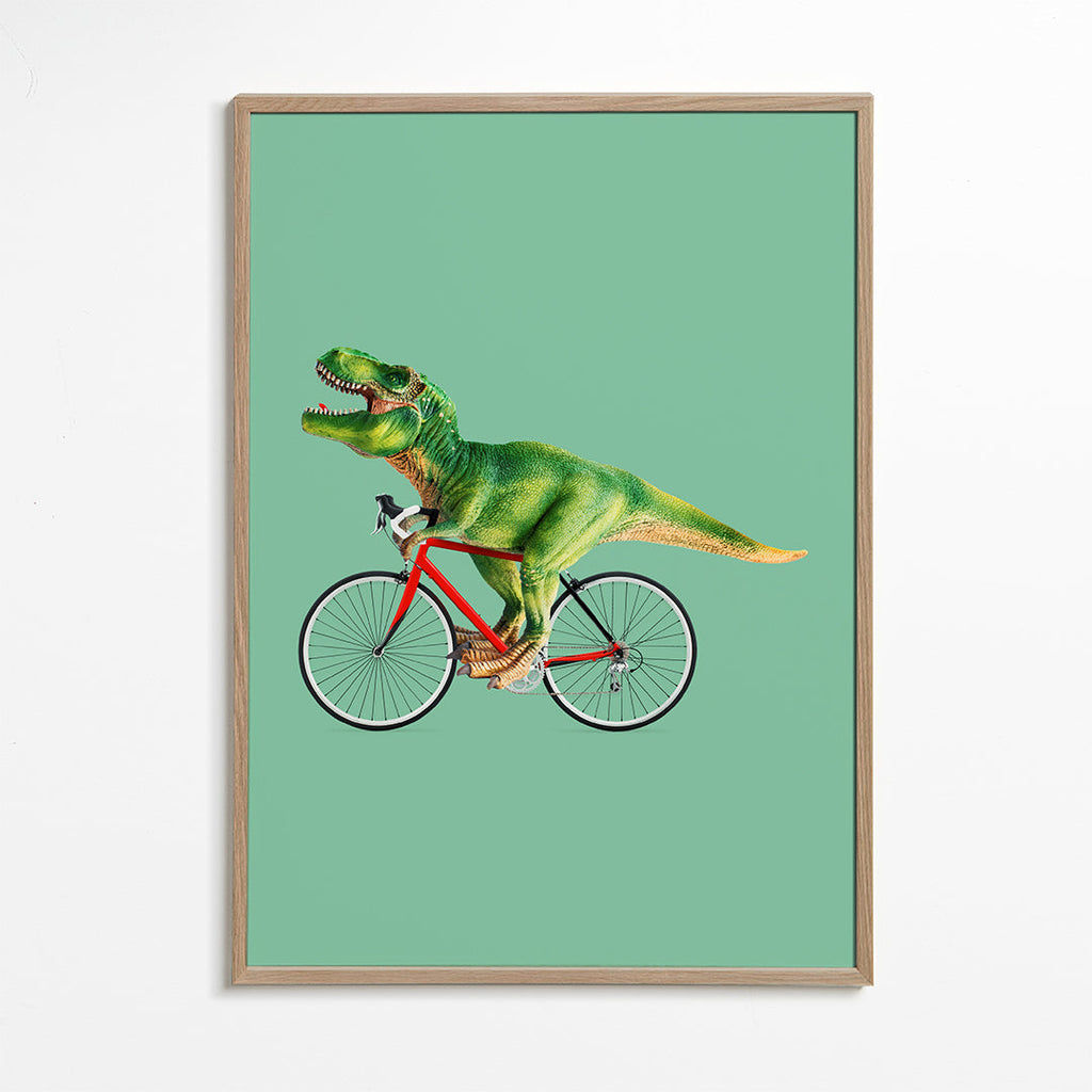 Plakat T-Rex na rowerze na zielonym tle