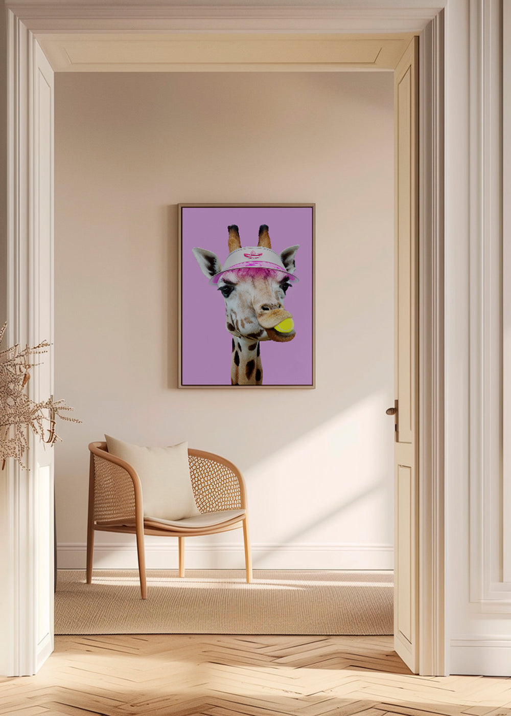 Portret żyrafy tenisistki z różowym daszkiem