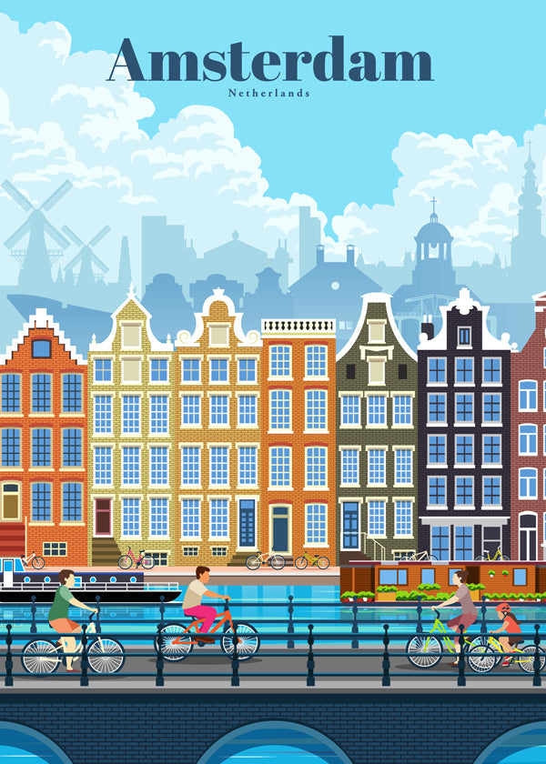 Plakat podróżniczy Amsterdam kanały i rowery