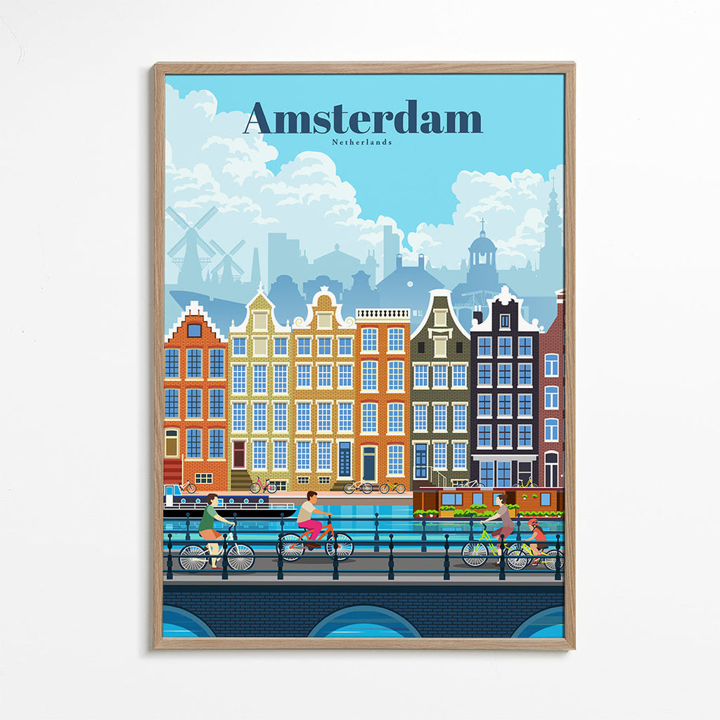 Plakat podróżniczy Amsterdam kanały i rowery