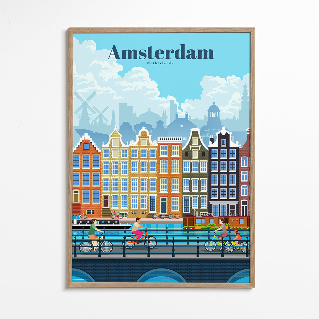 Plakat podróżniczy Amsterdam kanały i rowery
