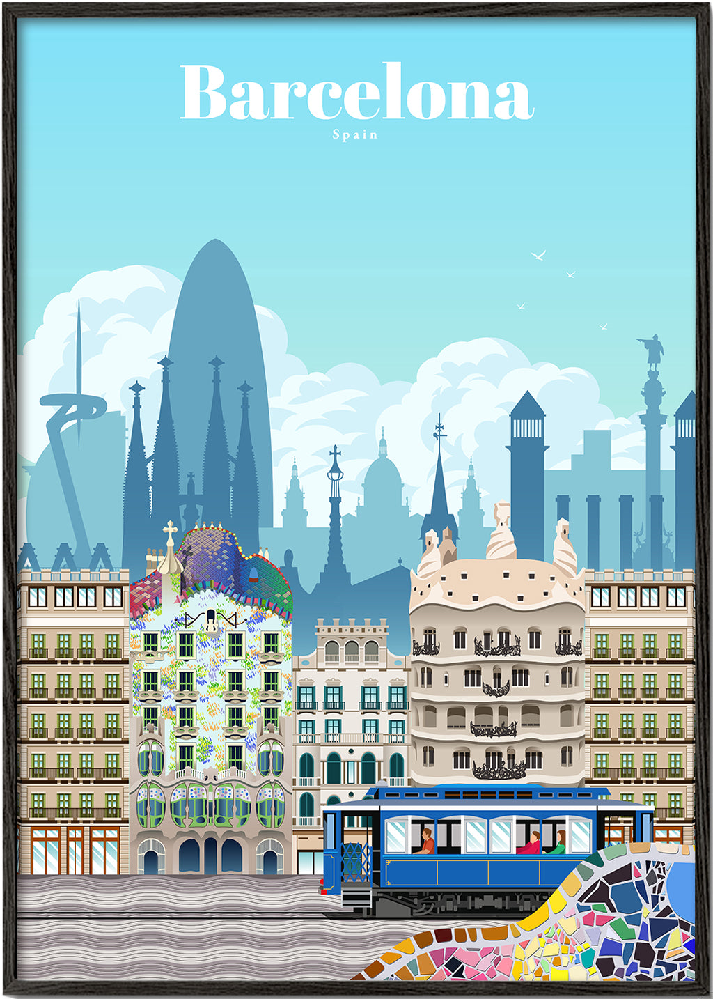 Plakat podróżniczy Barcelona w kolorowej ilustracji