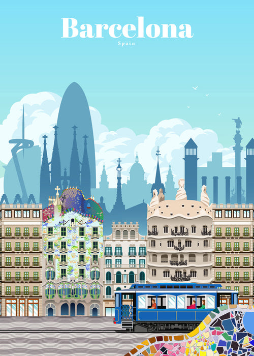 Plakat podróżniczy Barcelona w kolorowej ilustracji