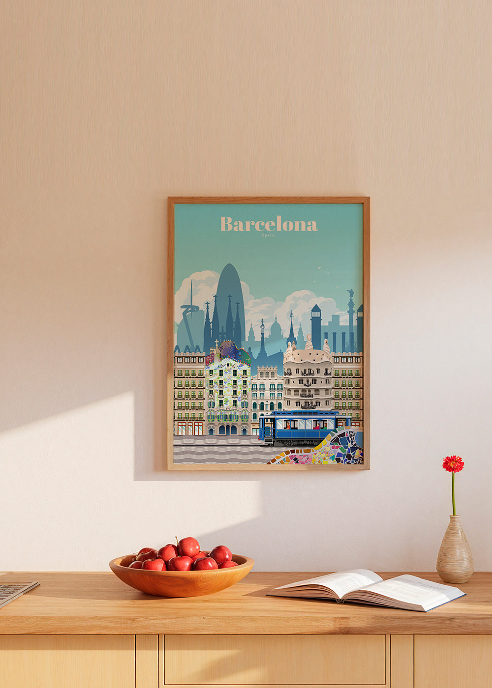 Plakat podróżniczy Barcelona w kolorowej ilustracji