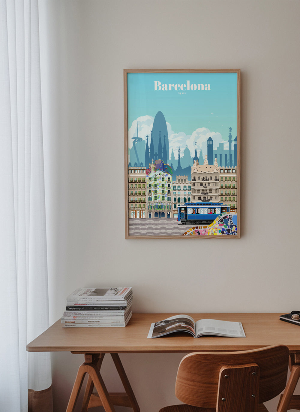 Plakat podróżniczy Barcelona w kolorowej ilustracji
