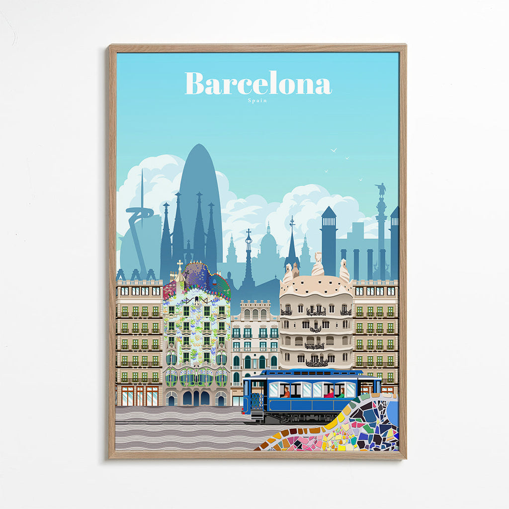 Plakat podróżniczy Barcelona w kolorowej ilustracji