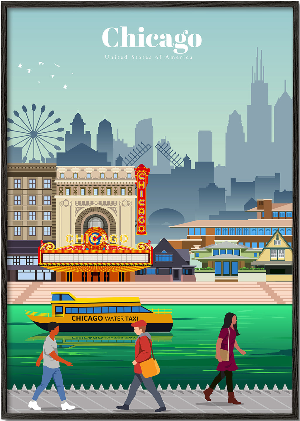 Plakat podróżniczy: panorama Chicago z wodnym taksówką
