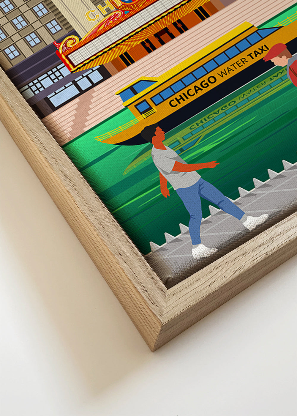 Plakat podróżniczy: panorama Chicago z wodnym taksówką