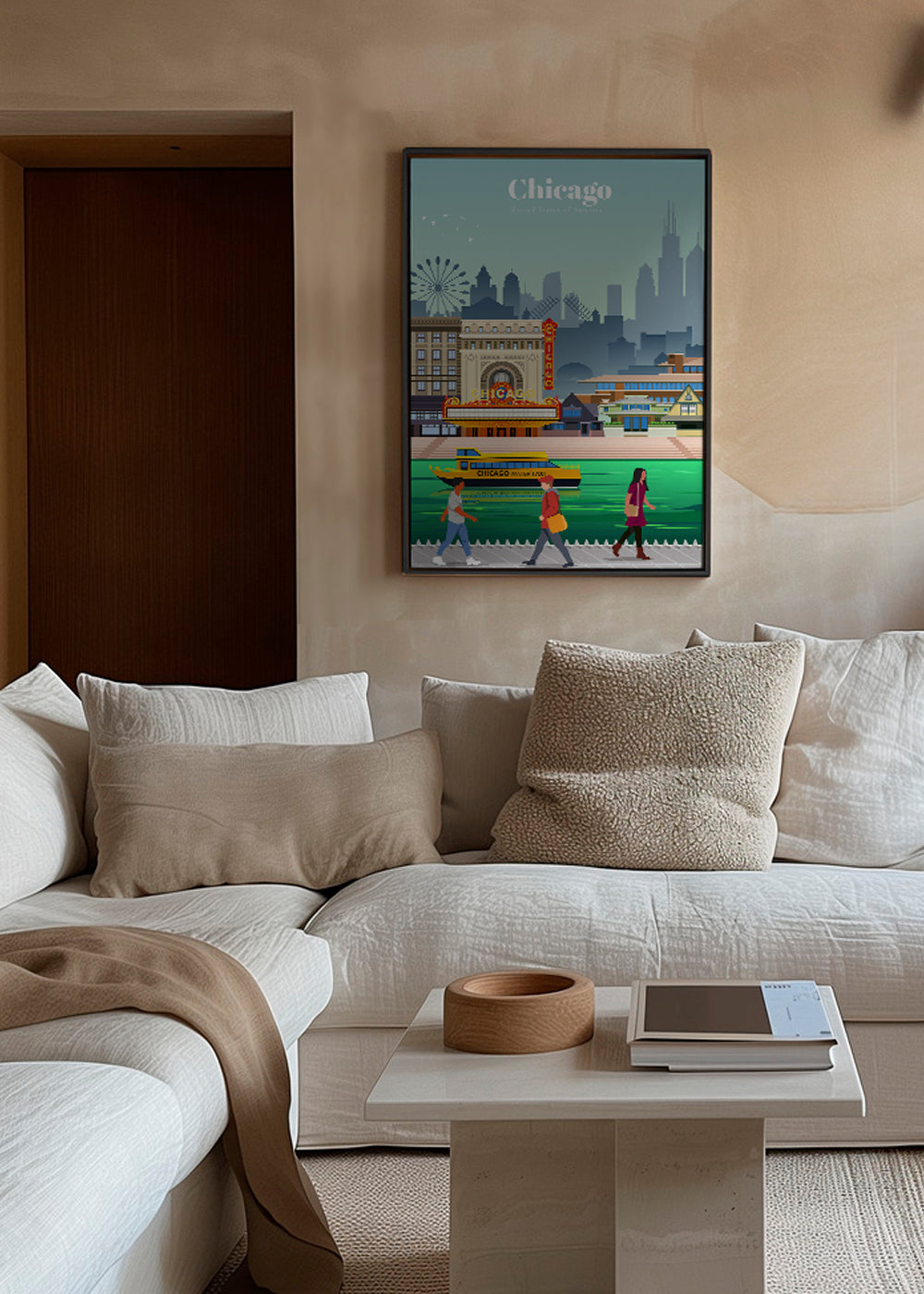Plakat podróżniczy: panorama Chicago z wodnym taksówką