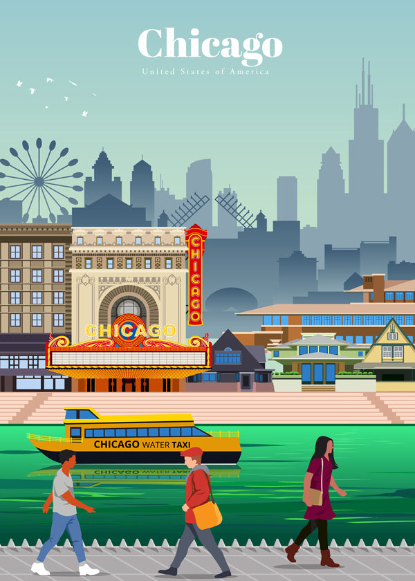Plakat podróżniczy: panorama Chicago z wodnym taksówką