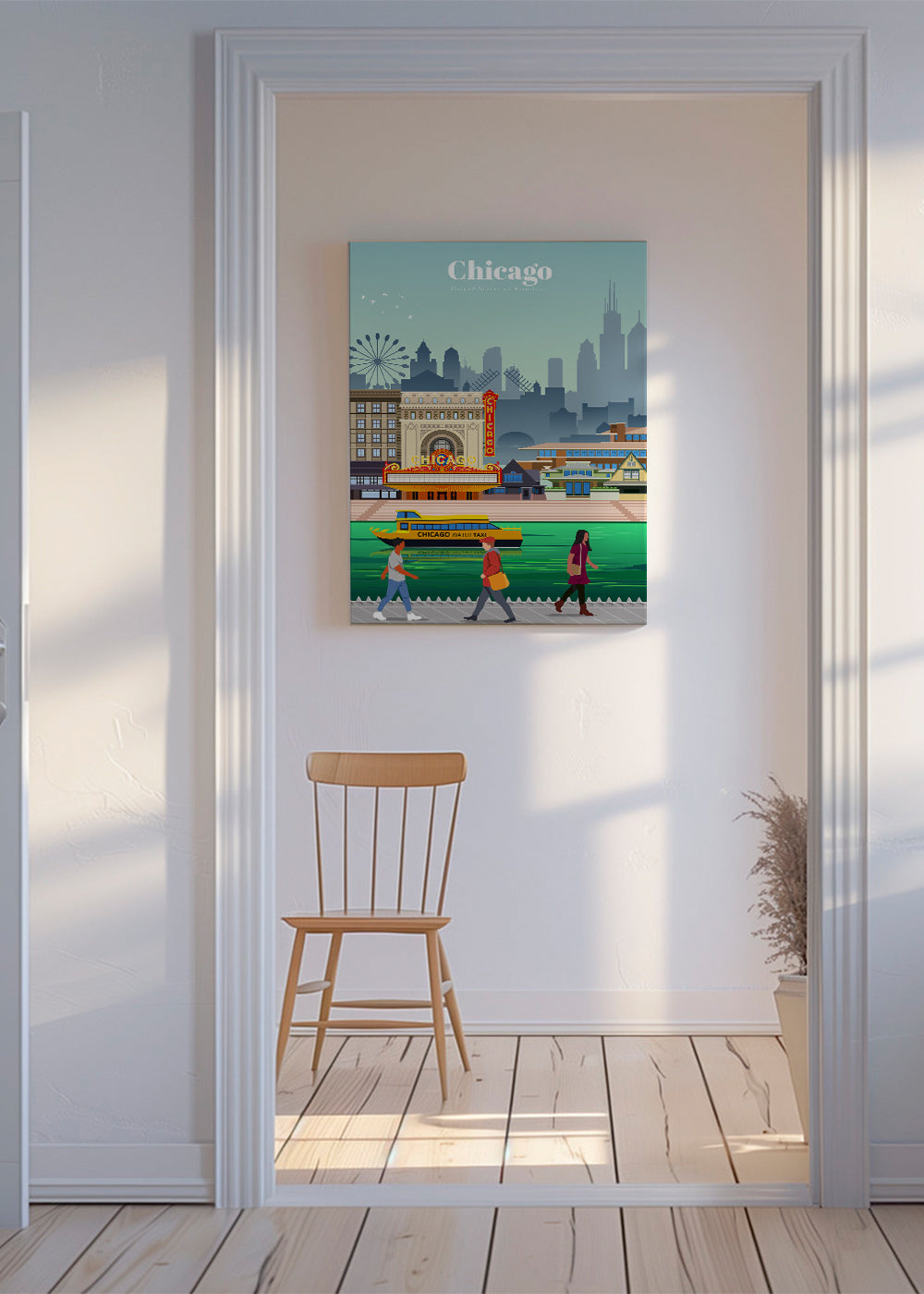 Plakat podróżniczy: panorama Chicago z wodnym taksówką