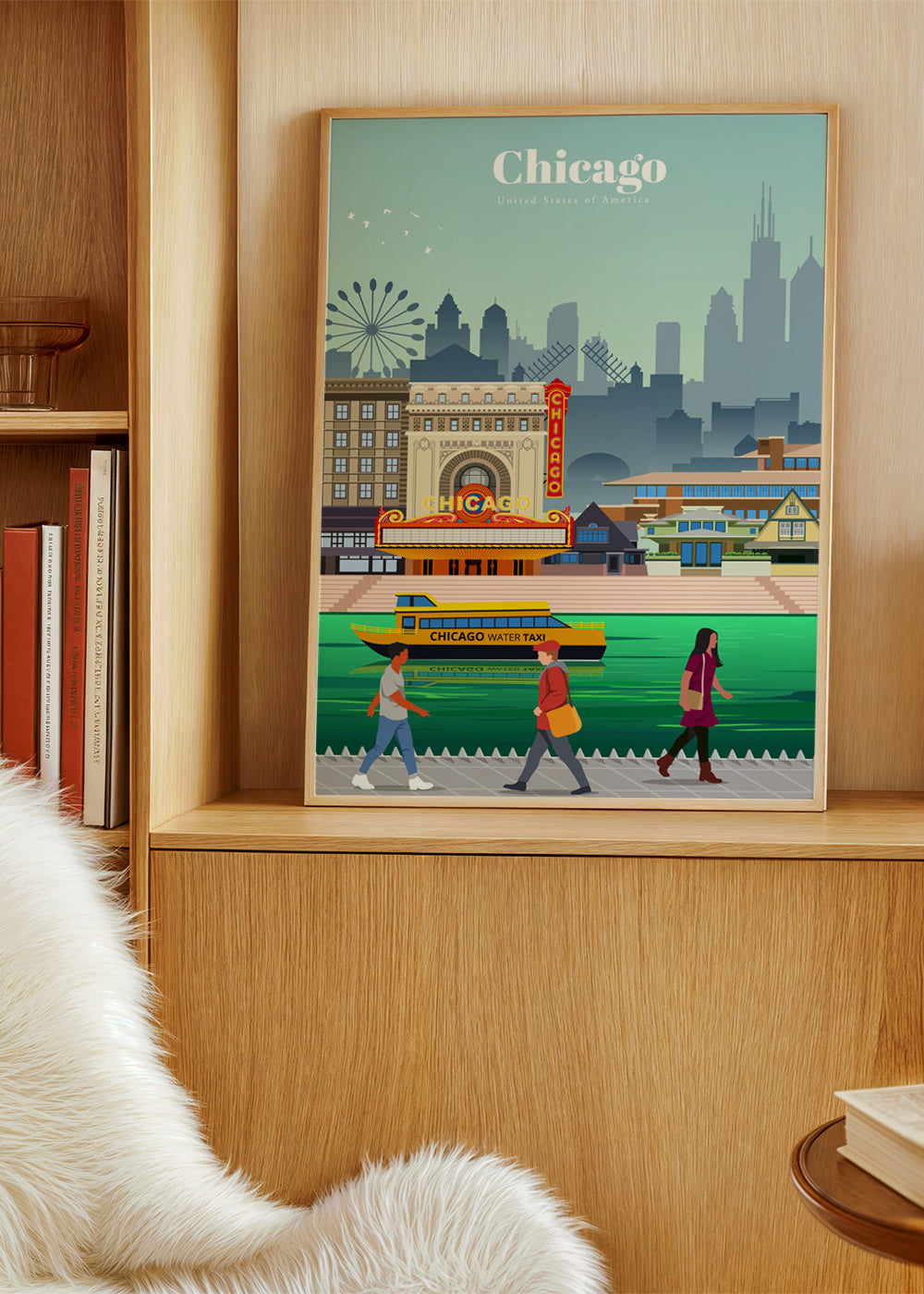 Plakat podróżniczy: panorama Chicago z wodnym taksówką