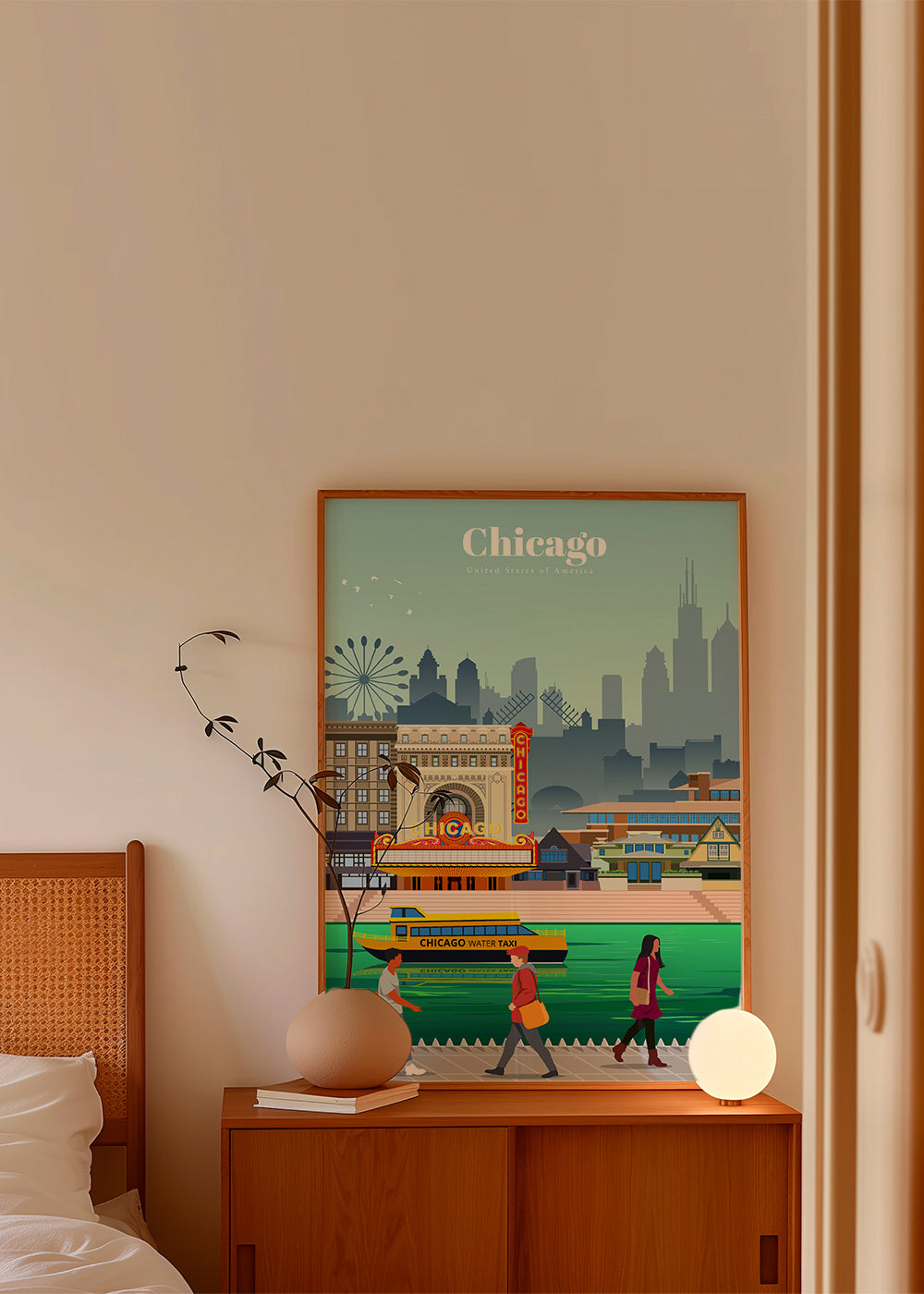 Plakat podróżniczy: panorama Chicago z wodnym taksówką